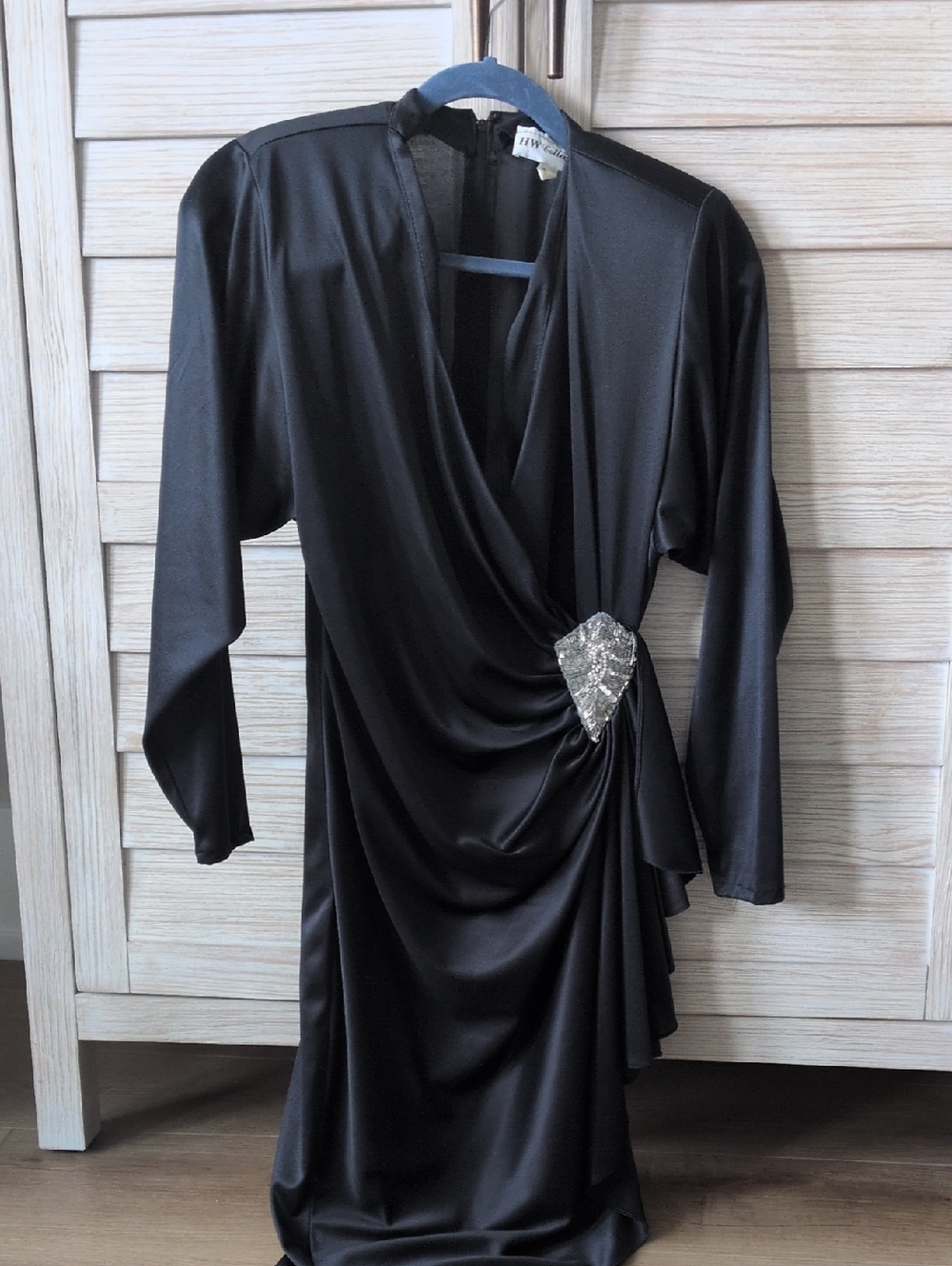 Vintage Black Draped V-Neck Evening Dress with Jewel Accent, Small